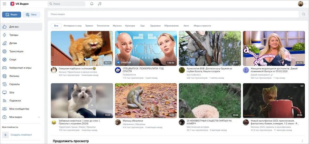 Интерфейс VK Видео