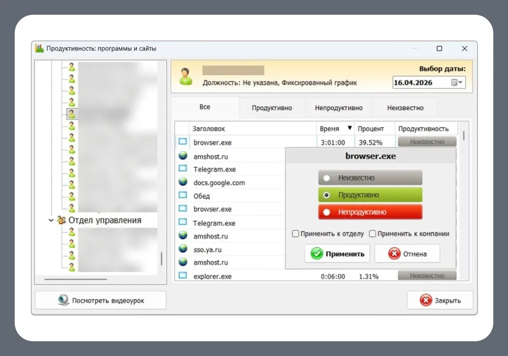 Окно продуктивности